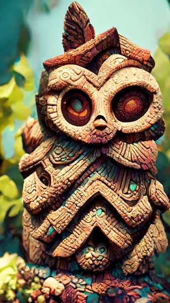 forest Mayan style owl Statue ancient culture 3D illustration