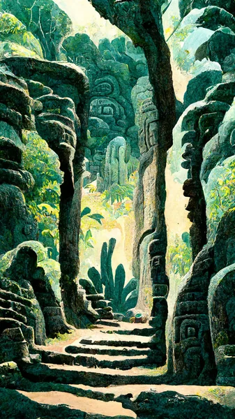 Mayan civilization forest land cave 3D illustration