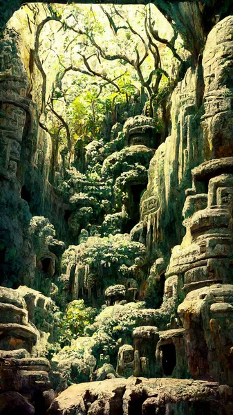 Mayan civilization forest land cave 3D illustration