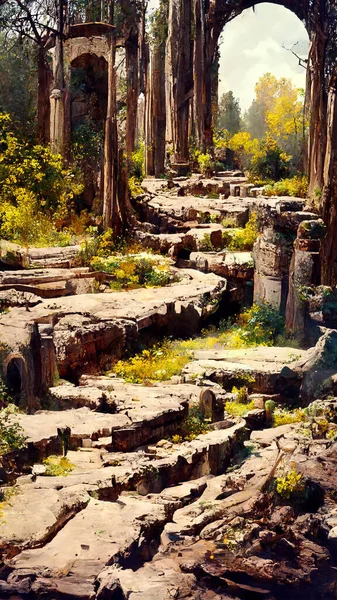 forest old ruin of Greek city or Roman empire historical 3D illustration