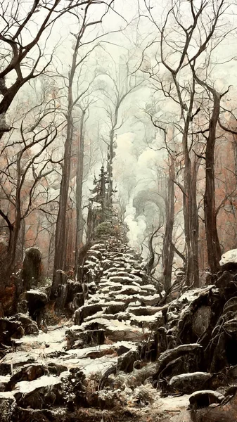 Panorama of foggy forest. in a misty day 3D illustration