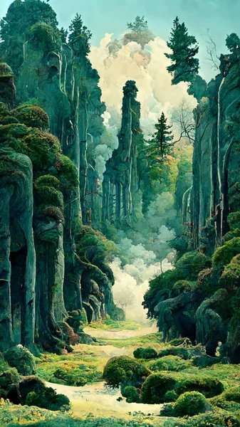 Panorama of foggy forest. in a misty day 3D illustration