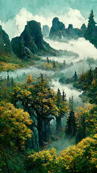 Panorama of foggy forest. in a misty day 3D illustration