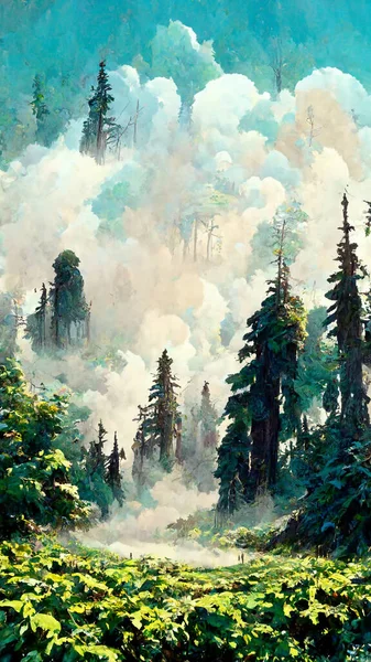 Panorama of foggy forest. in a misty day 3D illustration