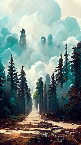 Panorama of foggy forest. in a misty day 3D illustration