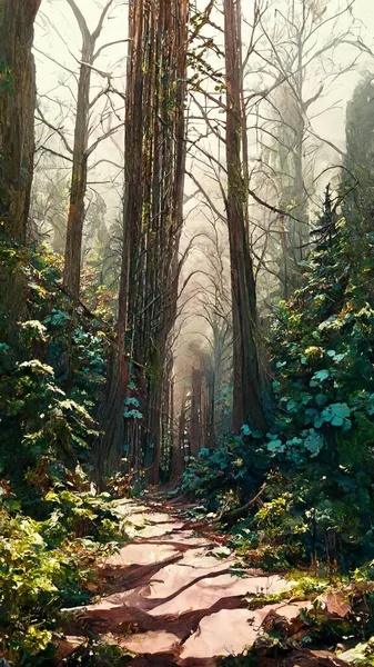 Panorama of foggy forest. in a misty day 3D illustration