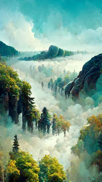 Panorama of foggy forest. in a misty day 3D illustration