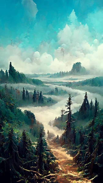 Panorama of foggy forest. in a misty day 3D illustration