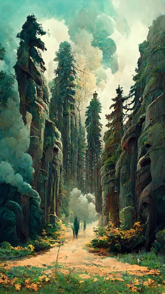 Panorama of foggy forest. in a misty day 3D illustration