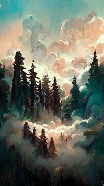 Panorama of foggy forest. in a misty day 3D illustration