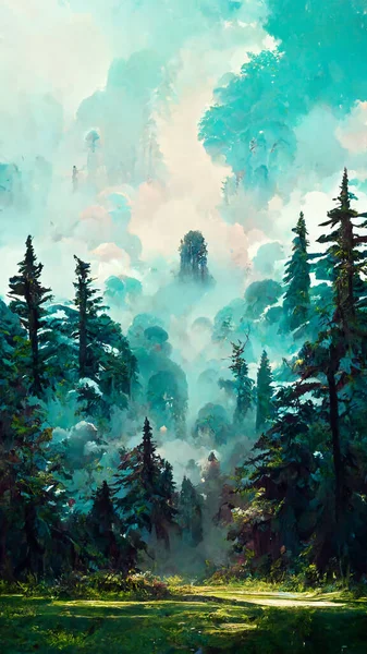 Panorama of foggy forest. in a misty day 3D illustration