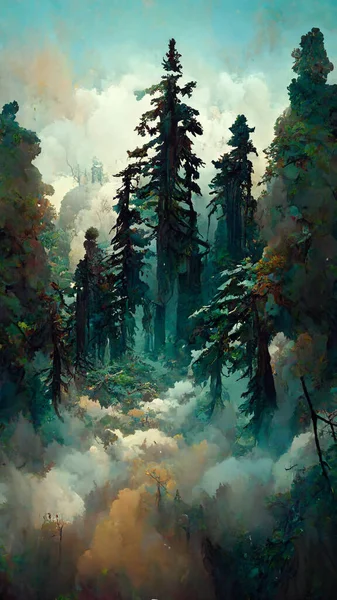 Panorama of foggy forest. in a misty day 3D illustration