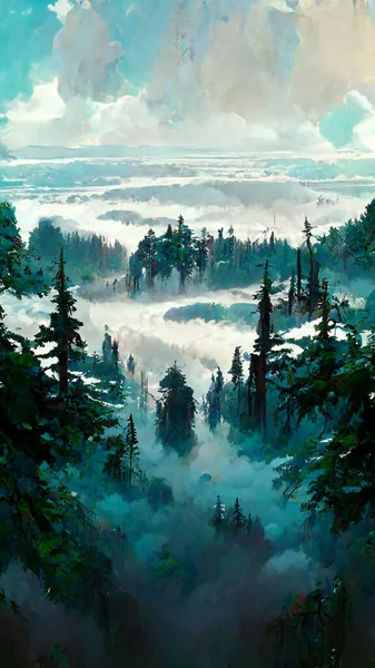 Panorama of foggy forest. in a misty day 3D illustration