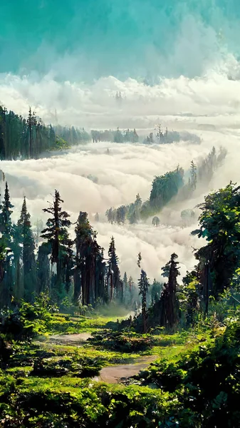 Panorama of foggy forest. in a misty day 3D illustration