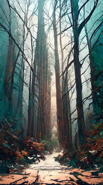 Panorama of foggy forest. in a misty day 3D illustration