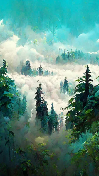 Panorama of foggy forest. in a misty day 3D illustration