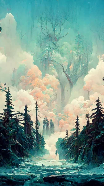 Panorama of foggy forest. in a misty day 3D illustration