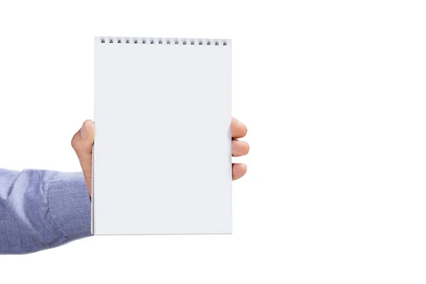 男性手を保持ノートブック上の白い背景 — ストック写真