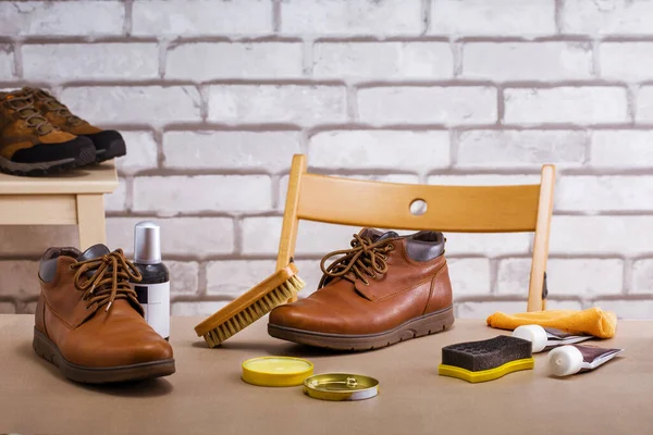 Shoe care products, footwear repair service.  boots and aquipment, accessory for shoe care in worplace of shoemaker.