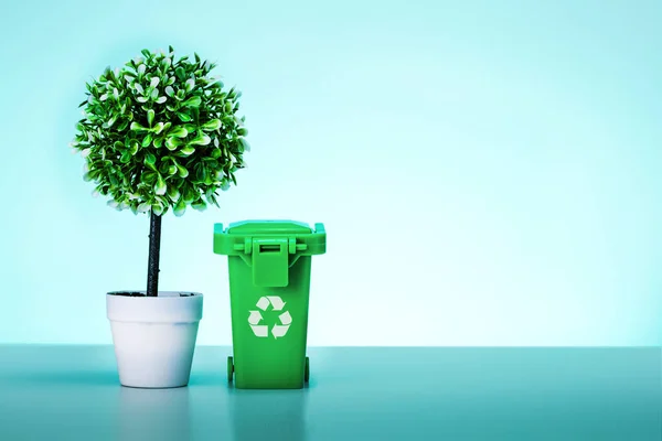 Vuilnisbak Groene Boom Pot Muntkleur Achtergrond Met Kopieerruimte Afscheiding Van — Stockfoto