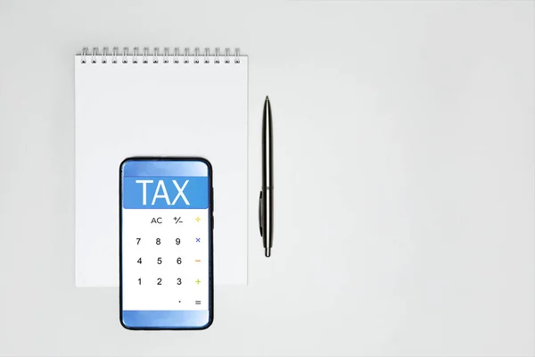 Word Tax Calculator Notebook Desk Top View Copy Space Paying — Stock Photo, Image