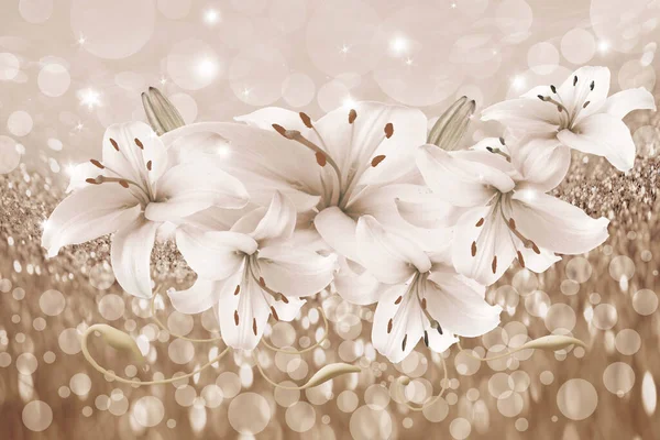 Beige Lilien Auf Leuchtendem Bokeh Hintergrund — Stockfoto