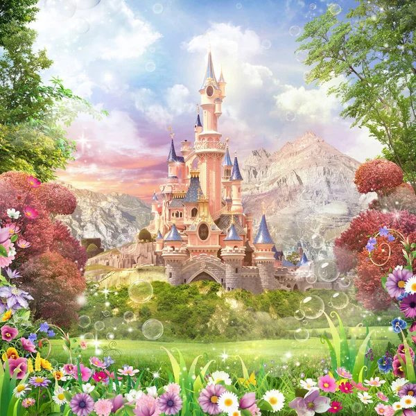 Image Fairy Tale Castle Meadow Wild Flowers Soap Bubbles Air — Stock Photo, Image