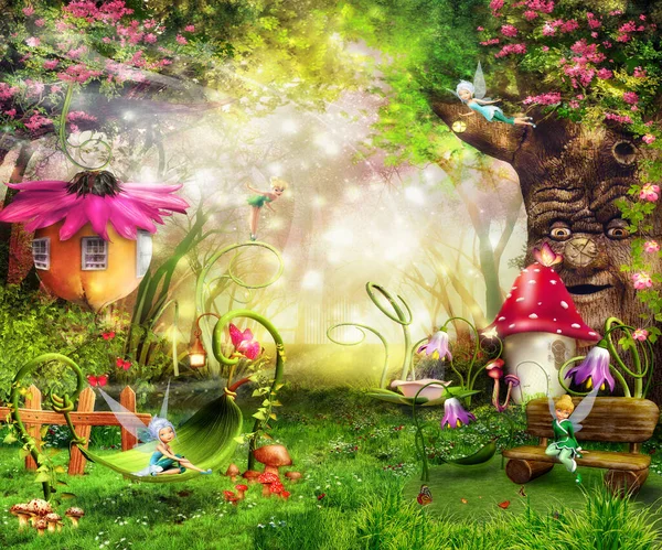 3D图像 仙女森林里的小仙女 房子里的蘑菇 爬山的植物 3D渲染 图库图片