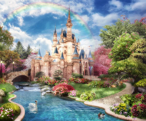 有池塘和天鹅 有一座桥和茂密的植被 天上有彩虹的童话城堡3D图像 免版税图库图片