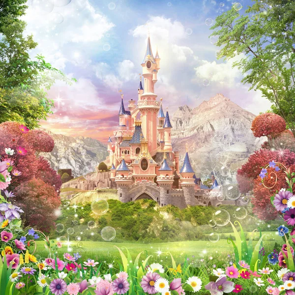 童话城堡3D图像 野花丛生的草地 空气中的肥皂泡 茂密的植被 背景中的山脉3D渲染 图库图片