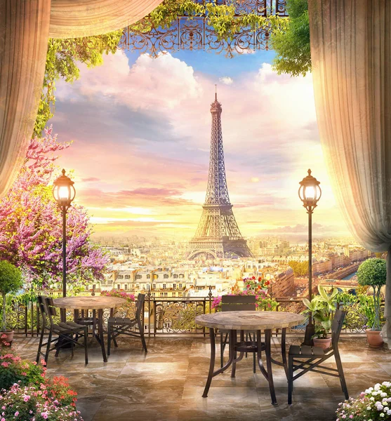 三维图像埃菲尔铁塔日落在巴黎 浪漫的旅行背景壁画 海报设计 3D渲染 图库照片