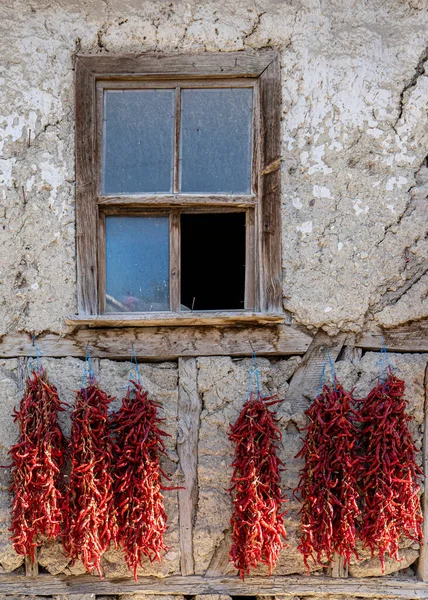 Bloemenslingers Van Paprika Het Zonlicht Rode Paprika Opgehangen Aan Muur — Stockfoto