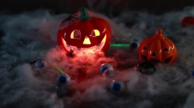 Gözlerle çevrili bir ağda iki balkabağı. Yavaş çekim maruziyeti. Yüksek kaliteli FullHD görüntüler