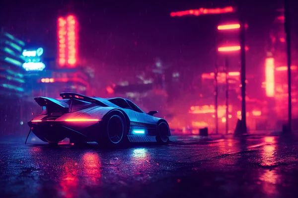 Sport car on a rainy night with neon