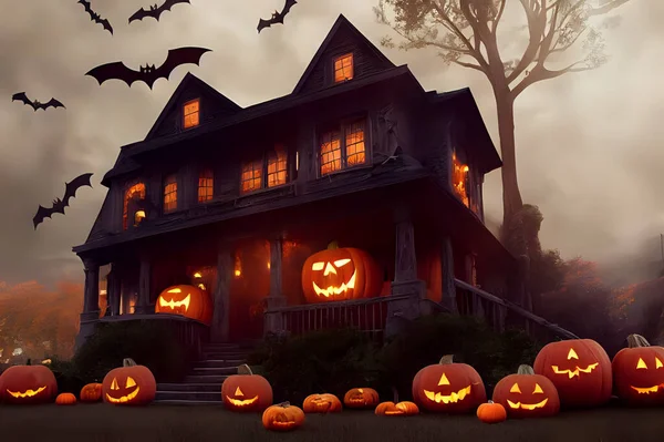 Spooky halloween house with pumpkins