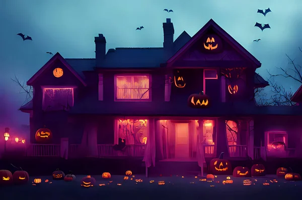 Spooky halloween house with pumpkins and neon colors