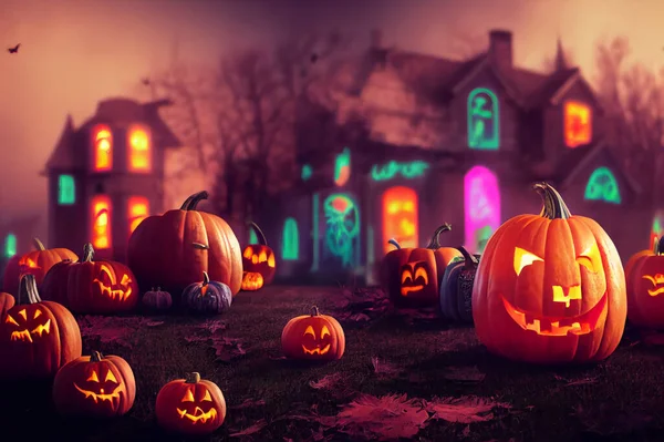 Spooky halloween house with pumpkins and neon colors