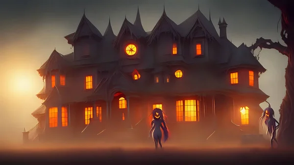 Spooky halloween house with ghost