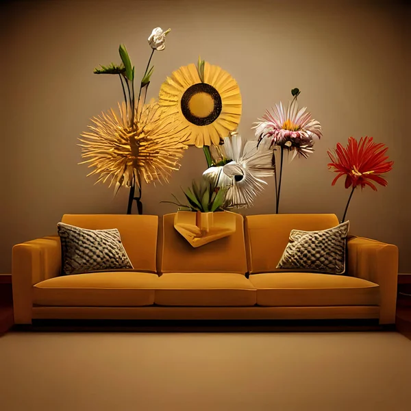 Living room with yellow sofa and flowers