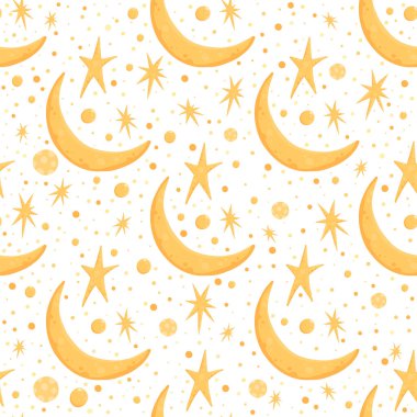 Dış uzaydaki gök cisimleriyle çevrili kusursuz desen. Gökyüzü aylı arkaplan, güneşi yansıtır. Duvar kağıdı ve tekstil baskısı için modern tarzda altın renk vektör çizimi