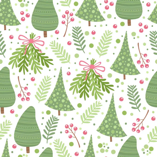 Tannenbaum nahtlos Muster. Vektorillustration für Ihr Urlaubsdesign. Weihnachtsdekoration Tanne mit grünem Zweig und roter Beere — Stockvektor