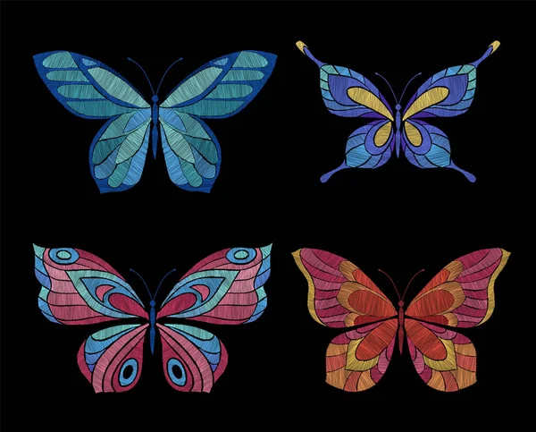 Embroidery butterflies. Floral butterfly, orange blue flying insects. Textile decoration, fashion graphic patches. Stitch templates, nowaday vector set —  Vetores de Stock