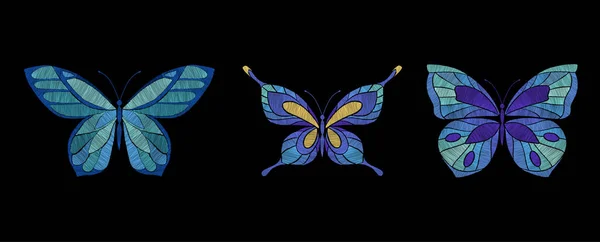 Embroidery butterflies. Floral butterfly, orange blue flying insects. Textile decoration, fashion graphic patches. Stitch templates, nowaday vector set — Vetor de Stock