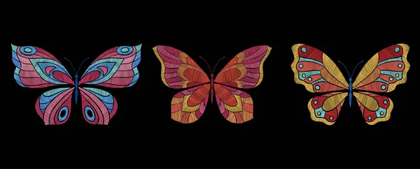 Embroidery butterflies. Floral butterfly, orange blue flying insects. Textile decoration, fashion graphic patches. Stitch templates, nowaday vector set — Stock vektor