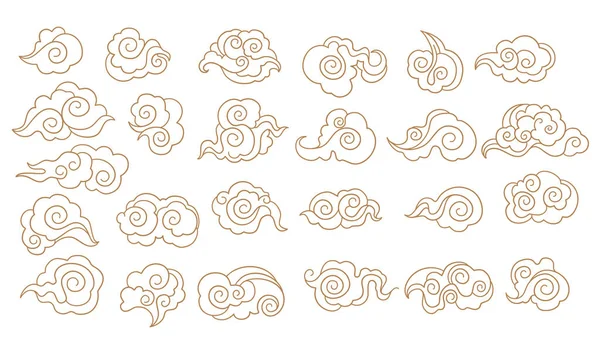 Nubes chinas de dibujos animados. Tatuaje de estilo asiático en forma de nube, elementos de ornamento oriental coreano japonés tailandés tibetano garabato cielo nublado símbolo tradicional china pulcro vector ilustración — Vector de stock