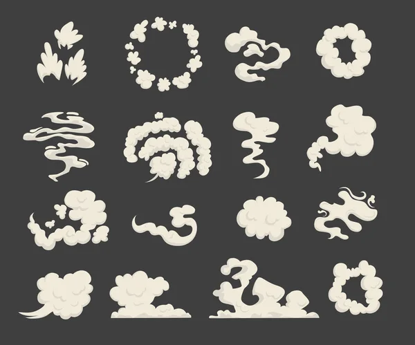 Nubes de polvo de dibujos animados. Forma de nube cómica, rocía humo de aire, camino de niebla, bomba de explosión, gas de coche, efecto mágico de soplo, silueta de viento de vapor, humo de humo espeluznante, burbujas de explosión de gam limpio. Ilustración vectorial — Vector de stock