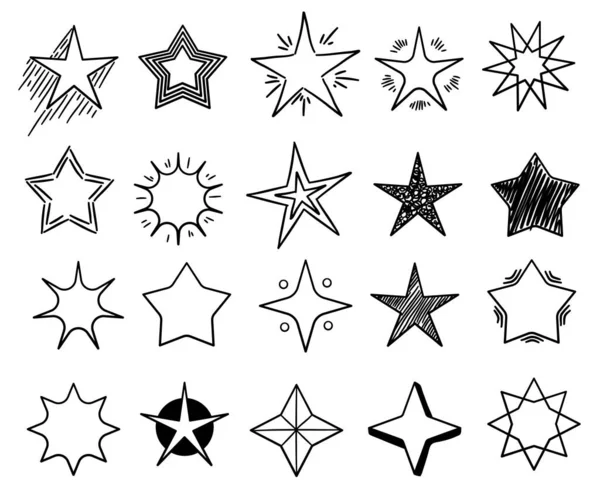 Boceto estrellas. Lindas formas de estrella, negro starburst doodle signos para la decoración de Navidad conjunto aislado — Vector de stock