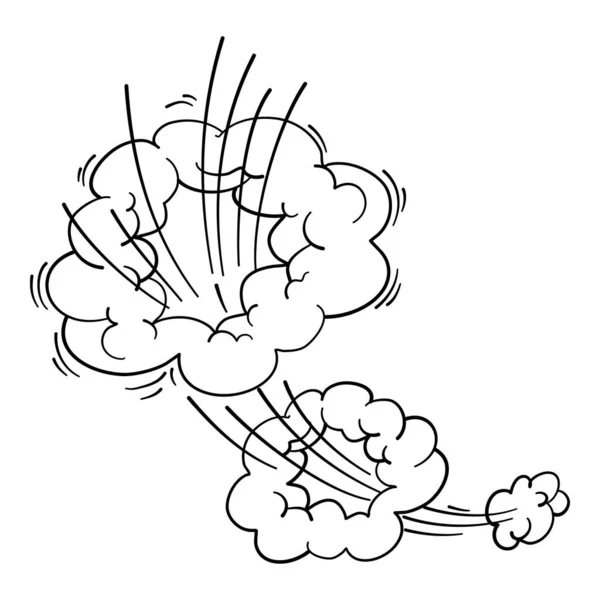 Efecto de movimiento de nubes. Nubes de línea cómica de dibujos animados, soplo de humo en movimiento, pedo divertido, salto de aire sopla polvo de viento, explosión de la burbuja, energía espiral, forma ventosa vector limpio. Ilustración humos cómicos — Vector de stock