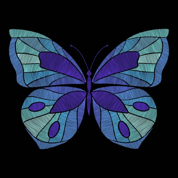 Broderi fjäril. Blomsterfjäril, blå flygande insekt. Textil dekoration, mode grafiska fläckar. Stygnmallar, nuförtiden vektor — Stock vektor