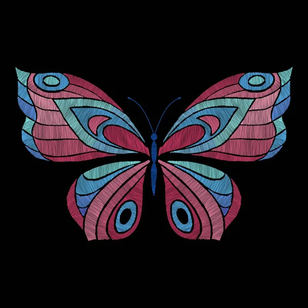 Stickerei Schmetterling. Floraler Schmetterling, orange fliegendes Insekt. Textile Dekoration, modische grafische Patches. Stichvorlagen, heutzutage Vektor — Stockvektor